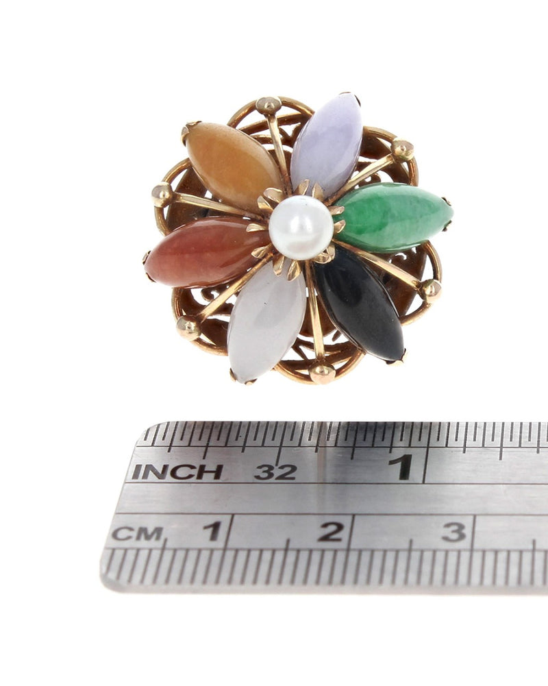 Multi Colored Jadeite, Black Nephrite and Pearl Dome Ring