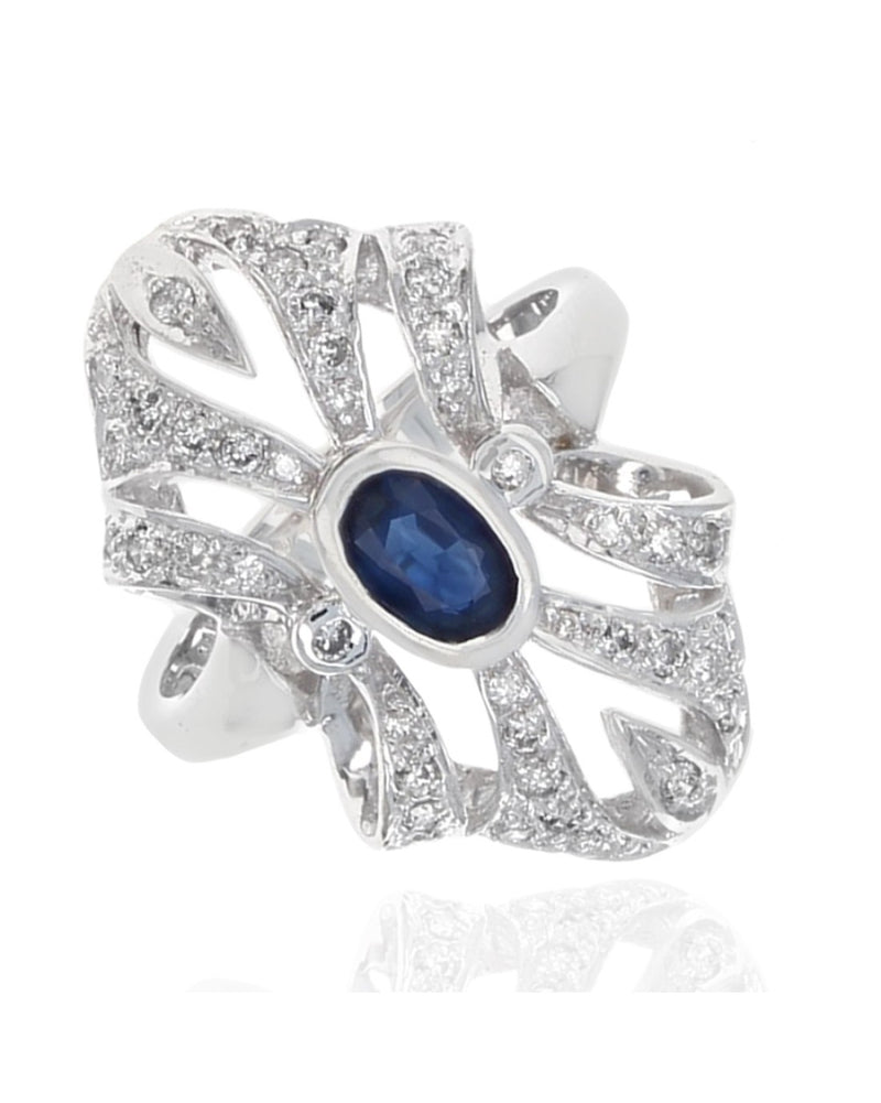 Sapphire and Diamond Elongated Open Ribbon Ring
