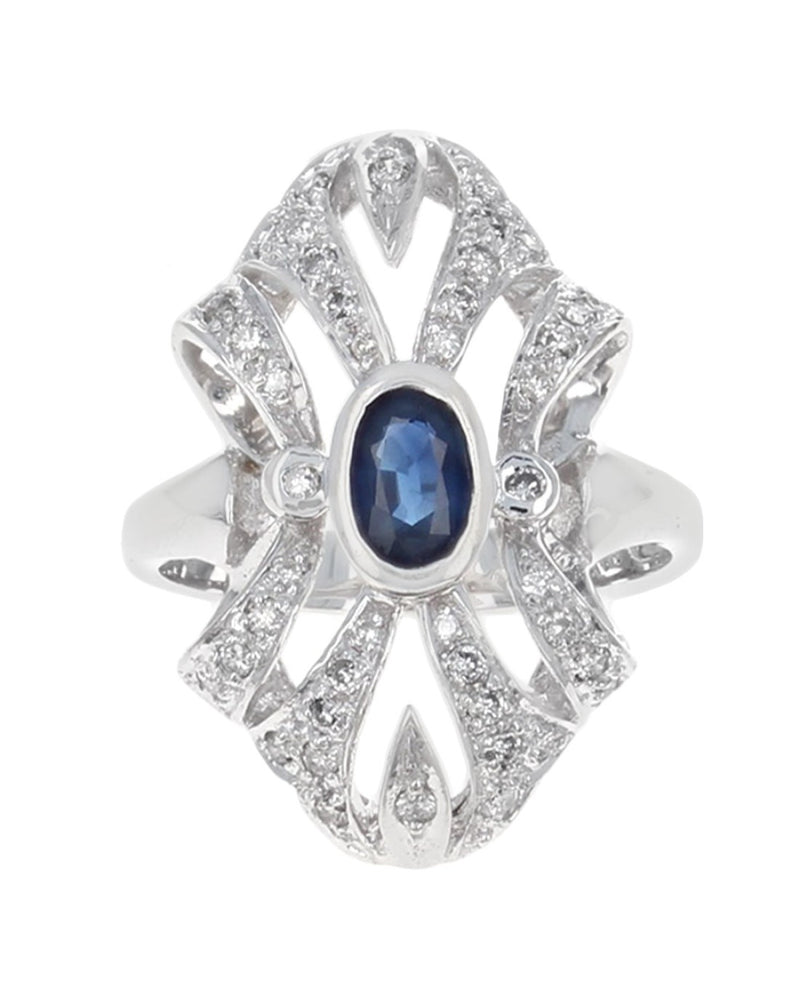 Sapphire and Diamond Elongated Open Ribbon Ring