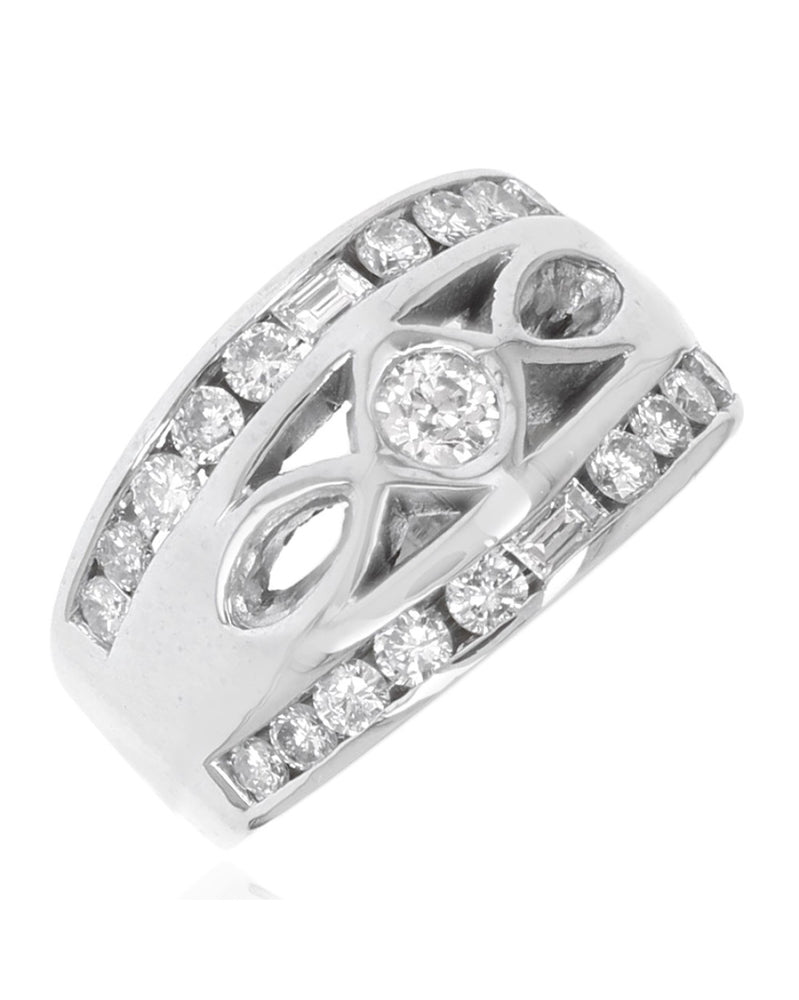 Round and Baguette Diamond Cut Out Ring