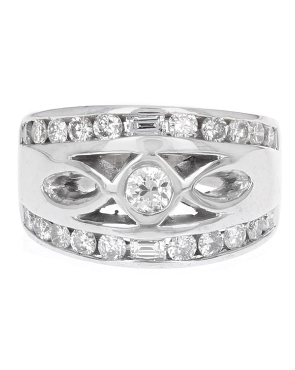 Round and Baguette Diamond Cut Out Ring