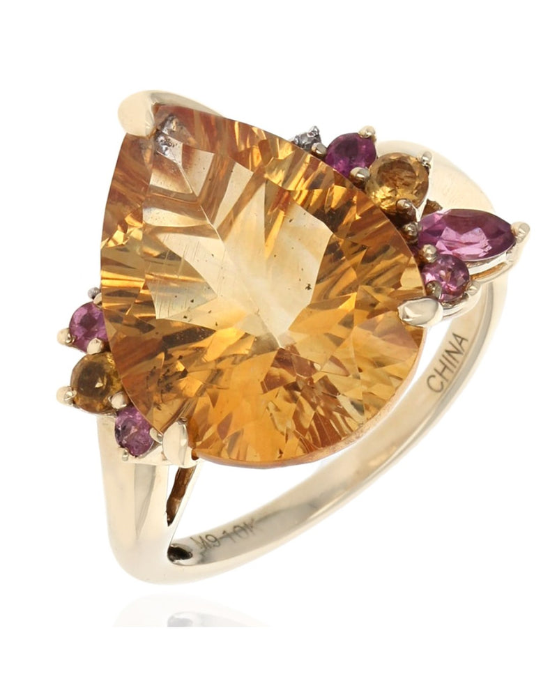 Citrine, Pink Tourmaline, and Diamond Accent Ring in Yellow Gold