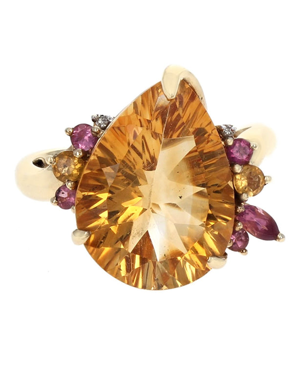 Citrine, Pink Tourmaline, and Diamond Accent Ring in Yellow Gold