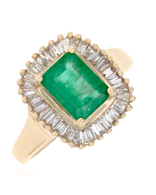 Emerald and Diamond Halo Ring in Yellow Gold