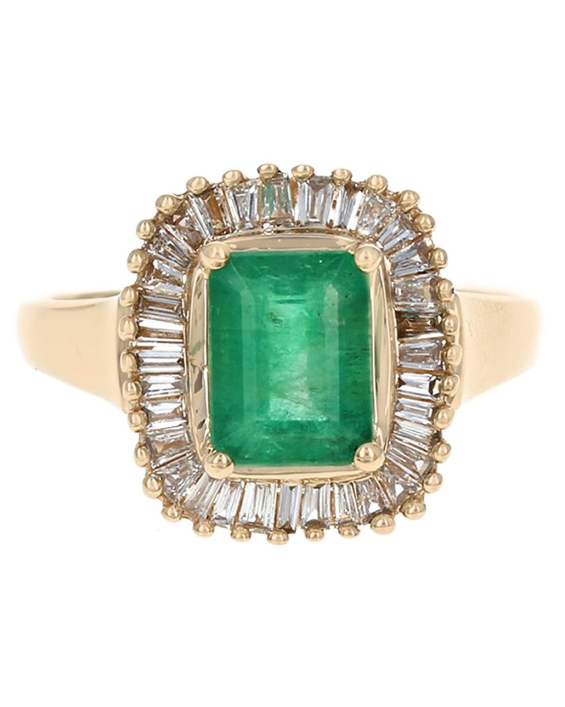 Emerald and Diamond Halo Ring in Yellow Gold