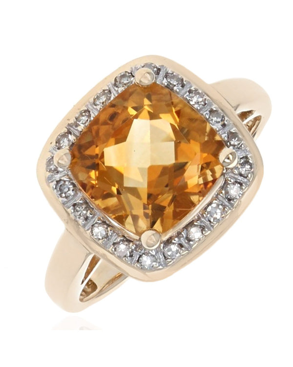 Citrine and Diamond Halo Ring in Yellow Gold