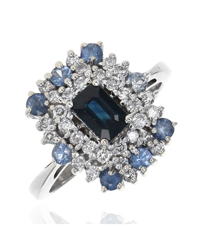 Blue Sapphire and Diamond Double Halo Ring in White Gold