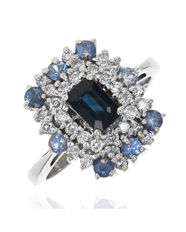 Blue Sapphire and Diamond Double Halo Ring in White Gold