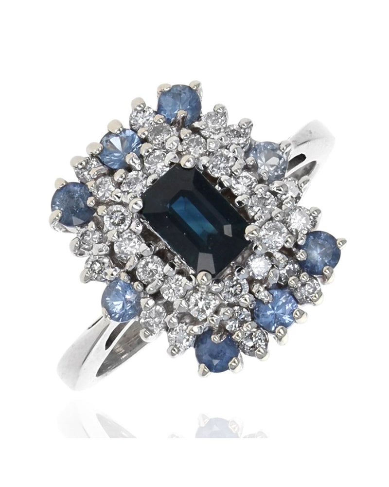 Blue Sapphire and Diamond Double Halo Ring in White Gold