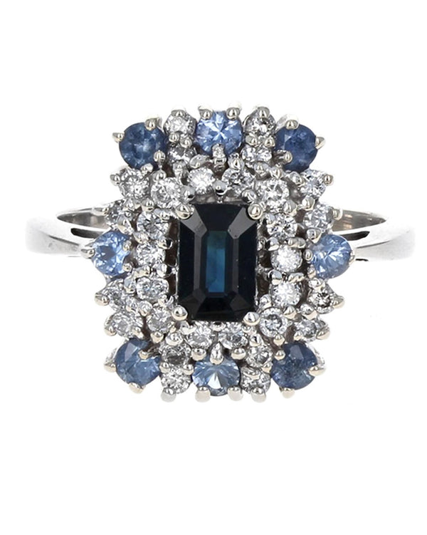 Blue Sapphire and Diamond Double Halo Ring in White Gold