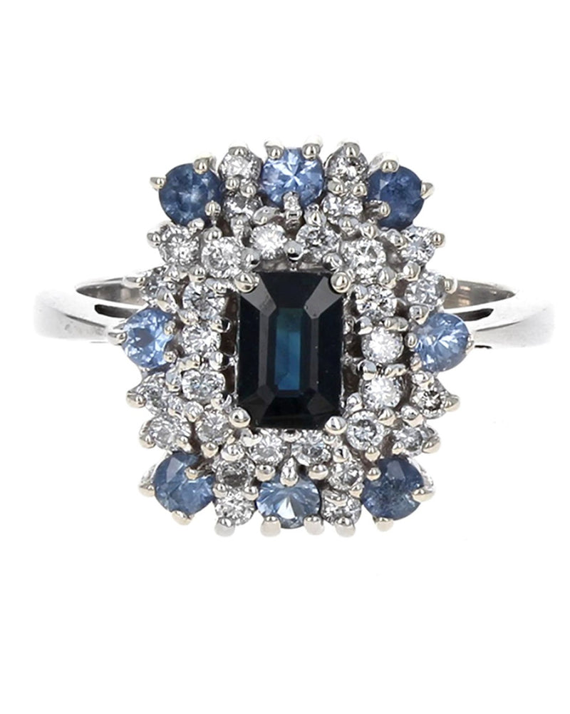 Blue Sapphire and Diamond Double Halo Ring in White Gold