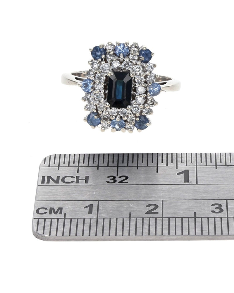 Blue Sapphire and Diamond Double Halo Ring in White Gold