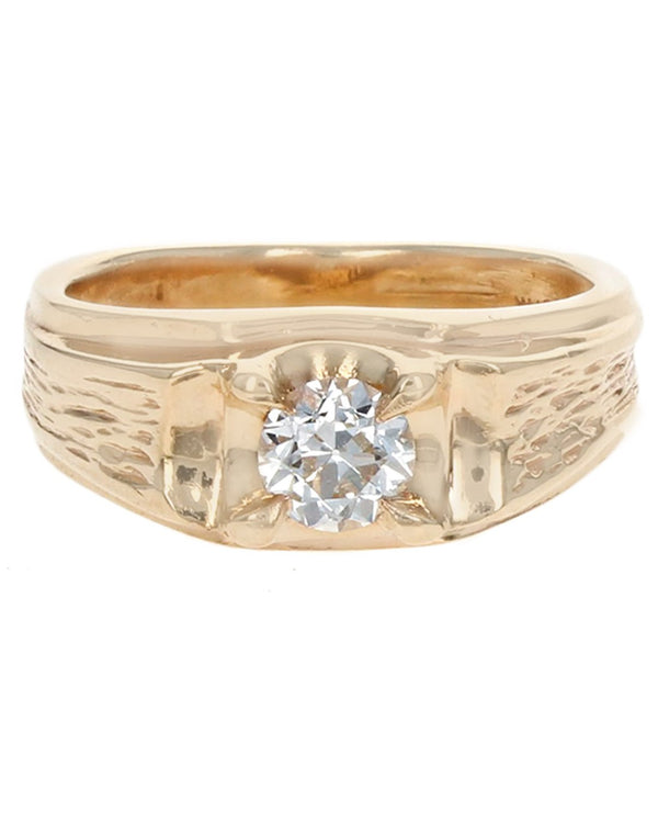 Diamond Solitaire Wood Grain Accent Ring in Yellow Gold