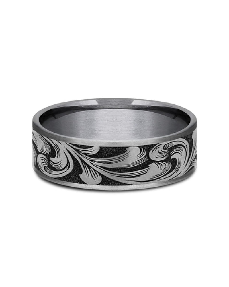 Large Barrel Script Pattern Comfort Fit Band in Tantalum and Titanium