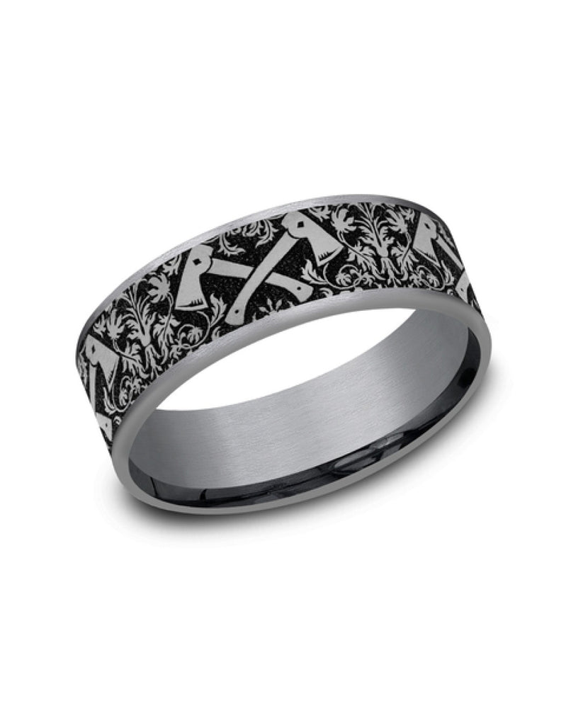 Gentlemen's Hatchet Pattern Comfort Fit Band in Tantalum and Titanium