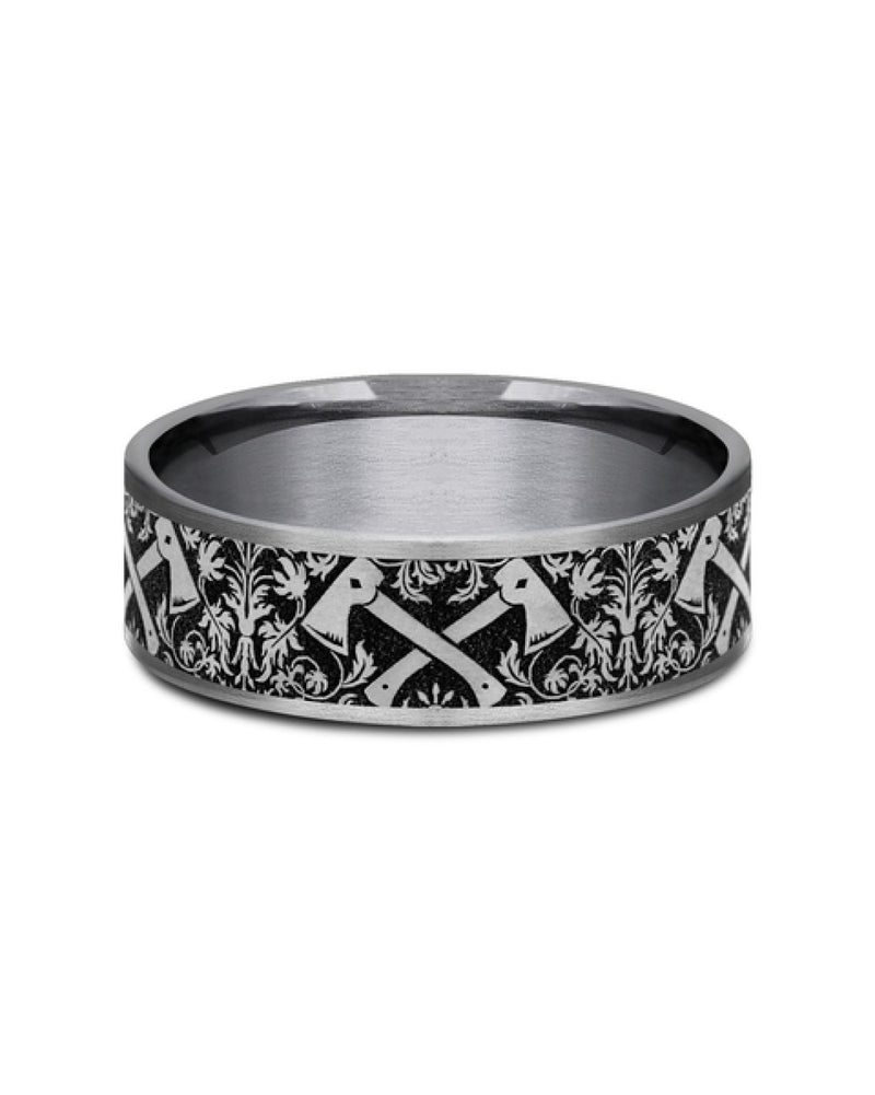 Gentlemen's Hatchet Pattern Comfort Fit Band in Tantalum and Titanium