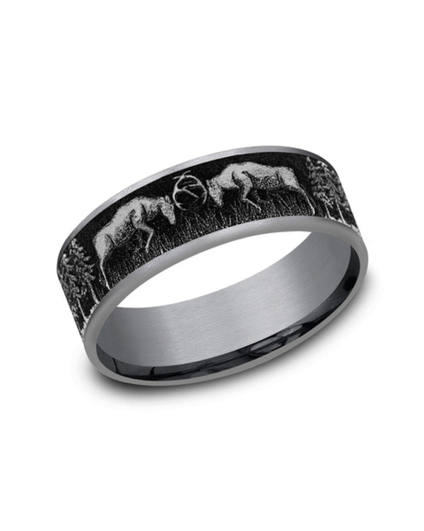 Gentlemen's Deer Fight Design Comfort Fit Band in Tantalum and Titanium