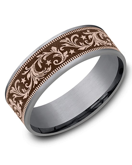 Gentlemen's Barrel Script Pattern Comfort Fit Band in Tantalum and Yellow Gold