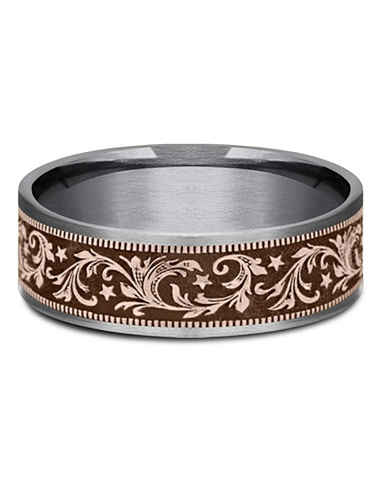 Gentlemen's Barrel Script Pattern Comfort Fit Band in Tantalum and Yellow Gold