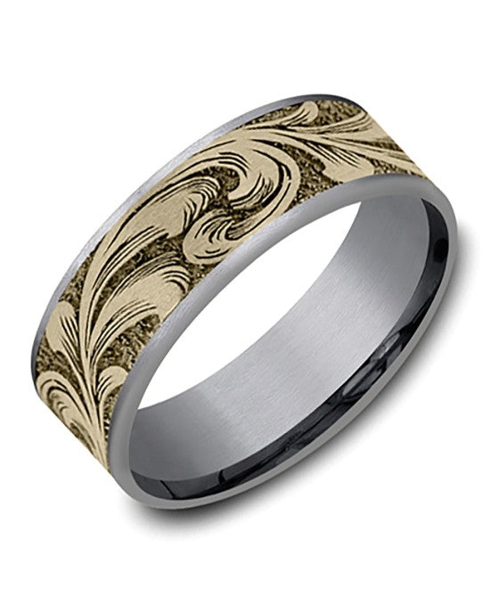 Gentlemen's Large Barrel Script Pattern Comfort Fit Band in Tantalum and Yellow Gold