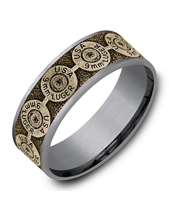 Gentlemen's 12 Gauge Bullet Back Pattern Comfort Fit Band in Tantalum and Yellow Gold