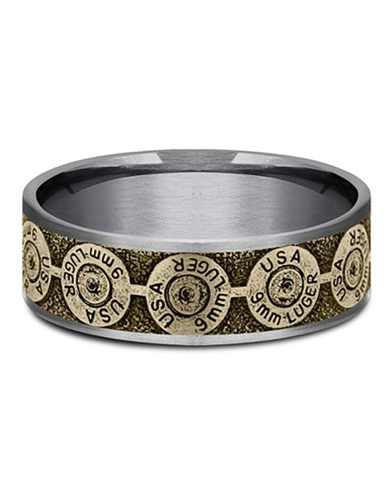Gentlemen's 12 Gauge Bullet Back Pattern Comfort Fit Band in Tantalum and Yellow Gold