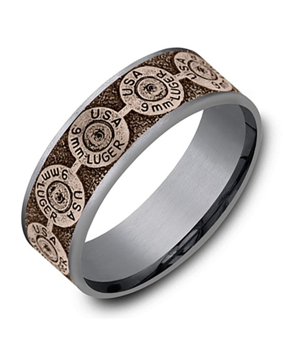 Gentlemen's 9mm Luger Bullet Back Comfort Fit Band in Tantalum and Rose Gold