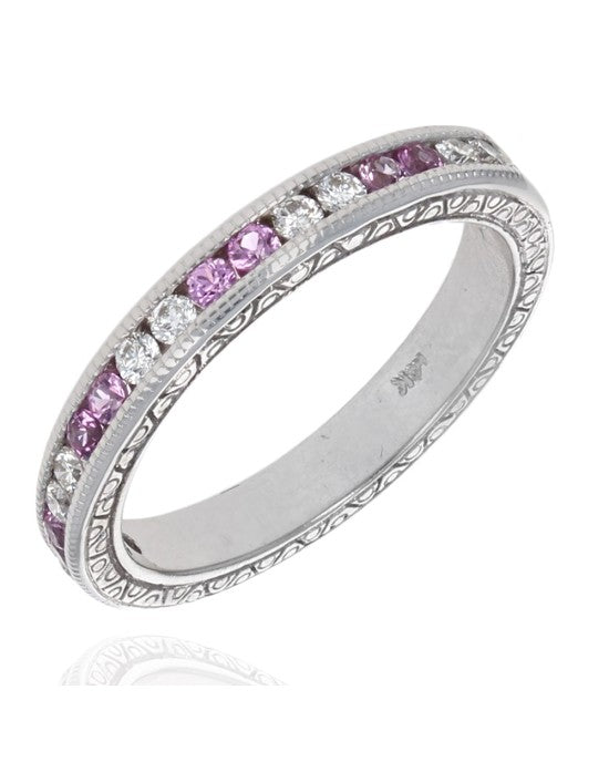 Alternating Pink Sapphire and Diamond Etched Band