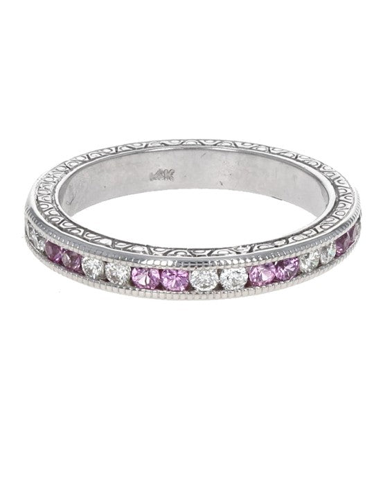 Alternating Pink Sapphire and Diamond Etched Band