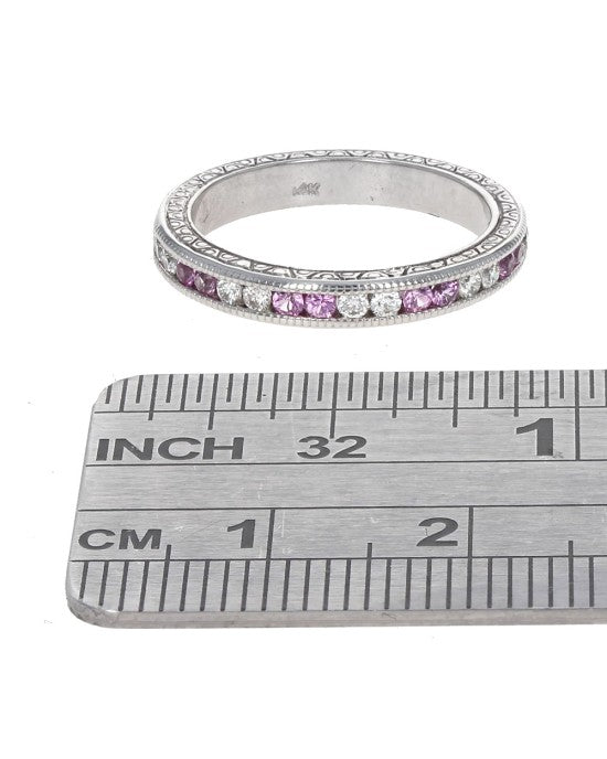 Alternating Pink Sapphire and Diamond Etched Band