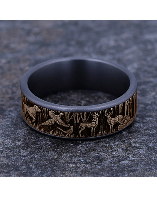 Gentlemen's Forest Scene Comfort Fit Band in Tantalum and Yellow Gold