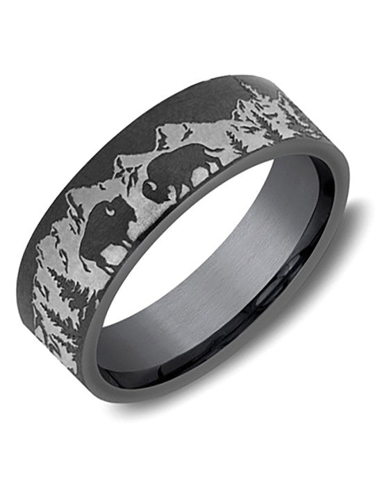 Gentlemen's Mountain Scenic Design Comfort Fit Band in Darkened Tantalum