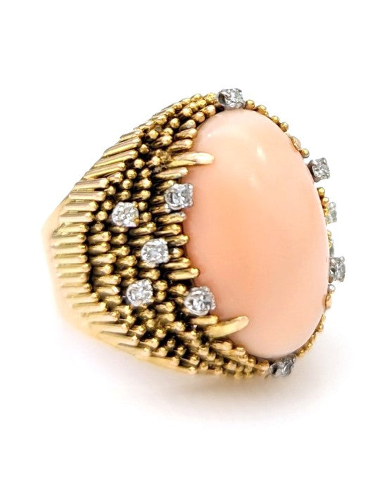 Coral Cabochon and Diamond Tapered Ring