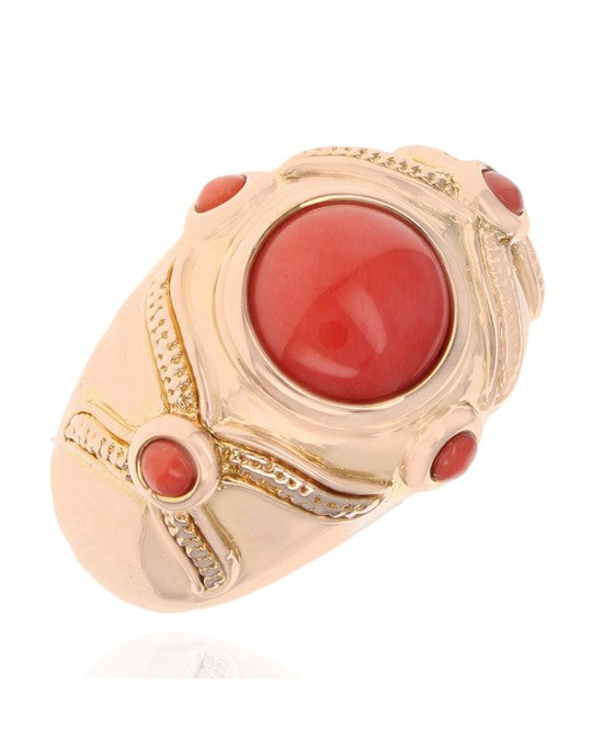 Coral Cabochon Milgrain Accent Ring in Yellow Gold