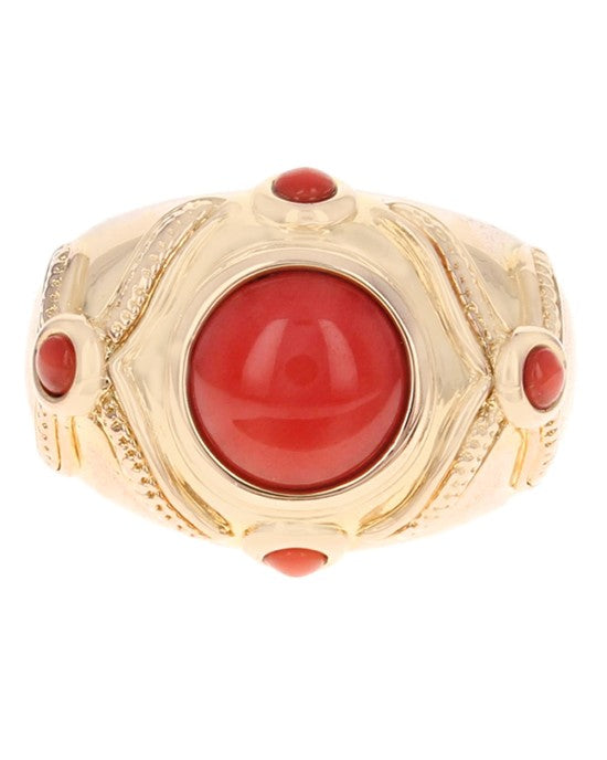 Coral Cabochon Milgrain Accent Ring in Yellow Gold