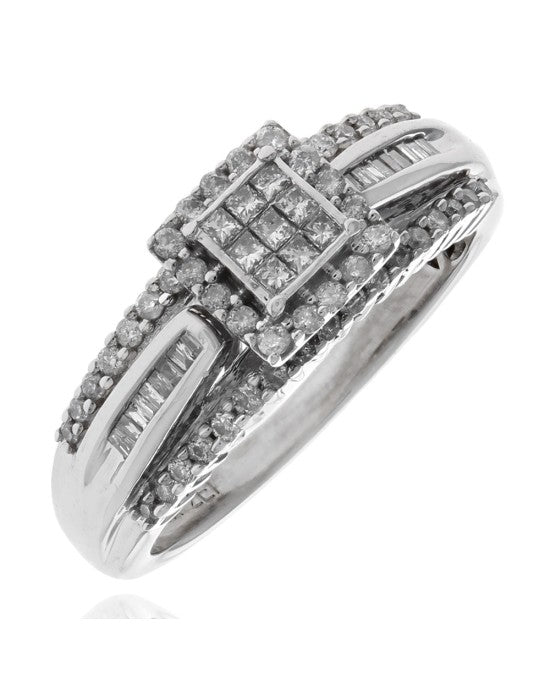 3 Row Diamond Halo Engagement Ring in White Gold