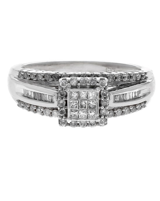 3 Row Diamond Halo Engagement Ring in White Gold