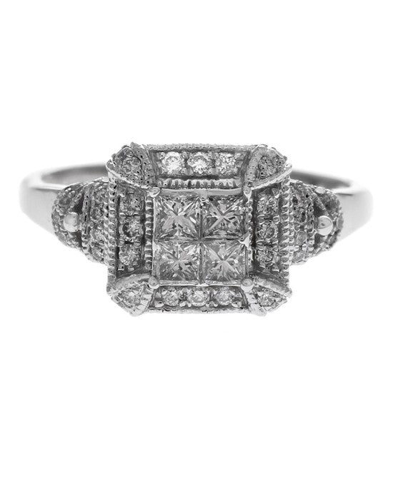 Diamond Halo Milgrain Engagement Ring in White Gold