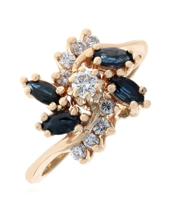 Dark Blue Sapphire and Diamond Bypass Ring in Yellow Gold