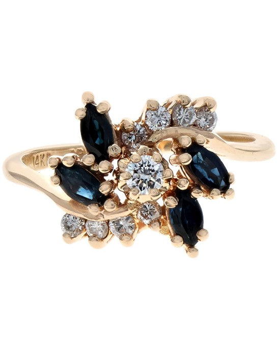 Dark Blue Sapphire and Diamond Bypass Ring in Yellow Gold