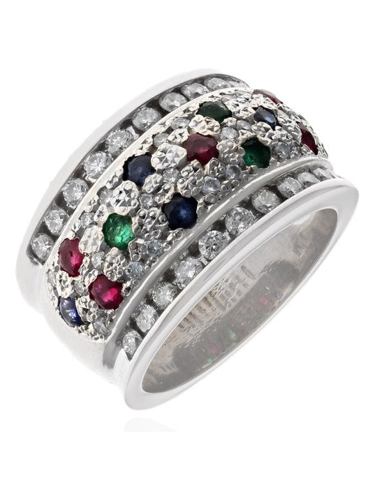 Ruby, Emerald, Sapphire, and Diamond Band in White Gold