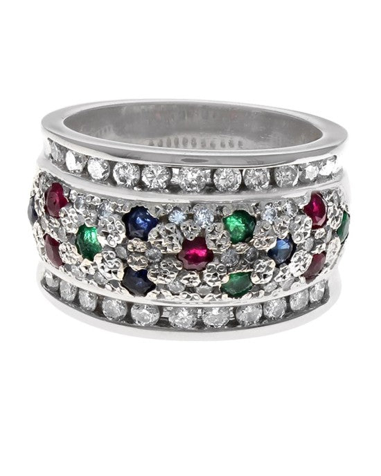 Ruby, Emerald, Sapphire, and Diamond Band in White Gold