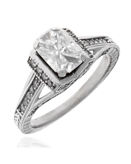 Diamond Etched Milgrain Engagement Ring in White Gold