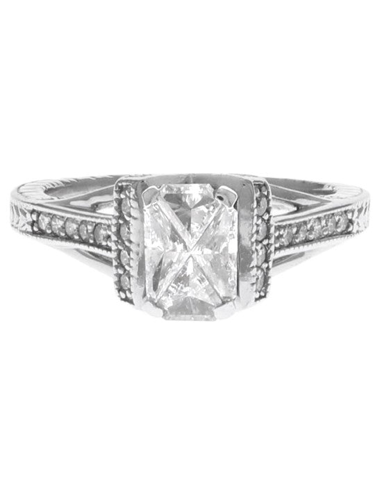 Diamond Etched Milgrain Engagement Ring in White Gold