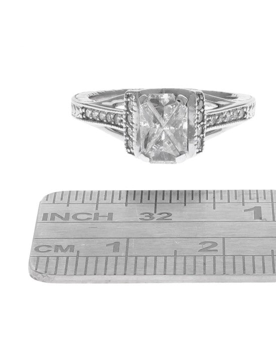 Diamond Etched Milgrain Engagement Ring in White Gold