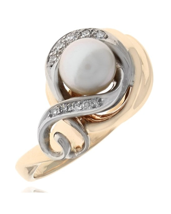 Pearl and Diamond Crossover Ring in White and Yellow Gold