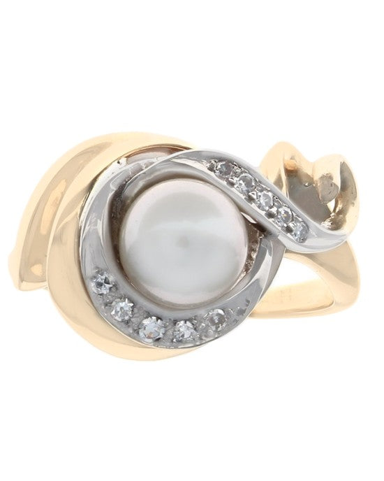 Pearl and Diamond Crossover Ring in White and Yellow Gold