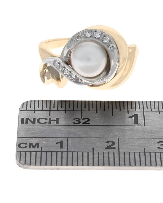 Pearl and Diamond Crossover Ring in White and Yellow Gold