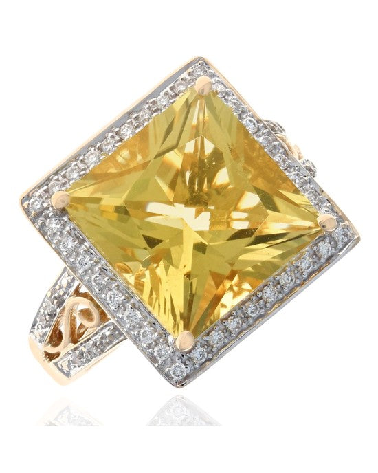 Fancy Cut Yellow Citrine and Diamond Halo Ring