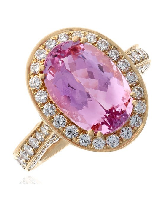 Pink Topaz and Diamond Halo Scalloped Accent Ring